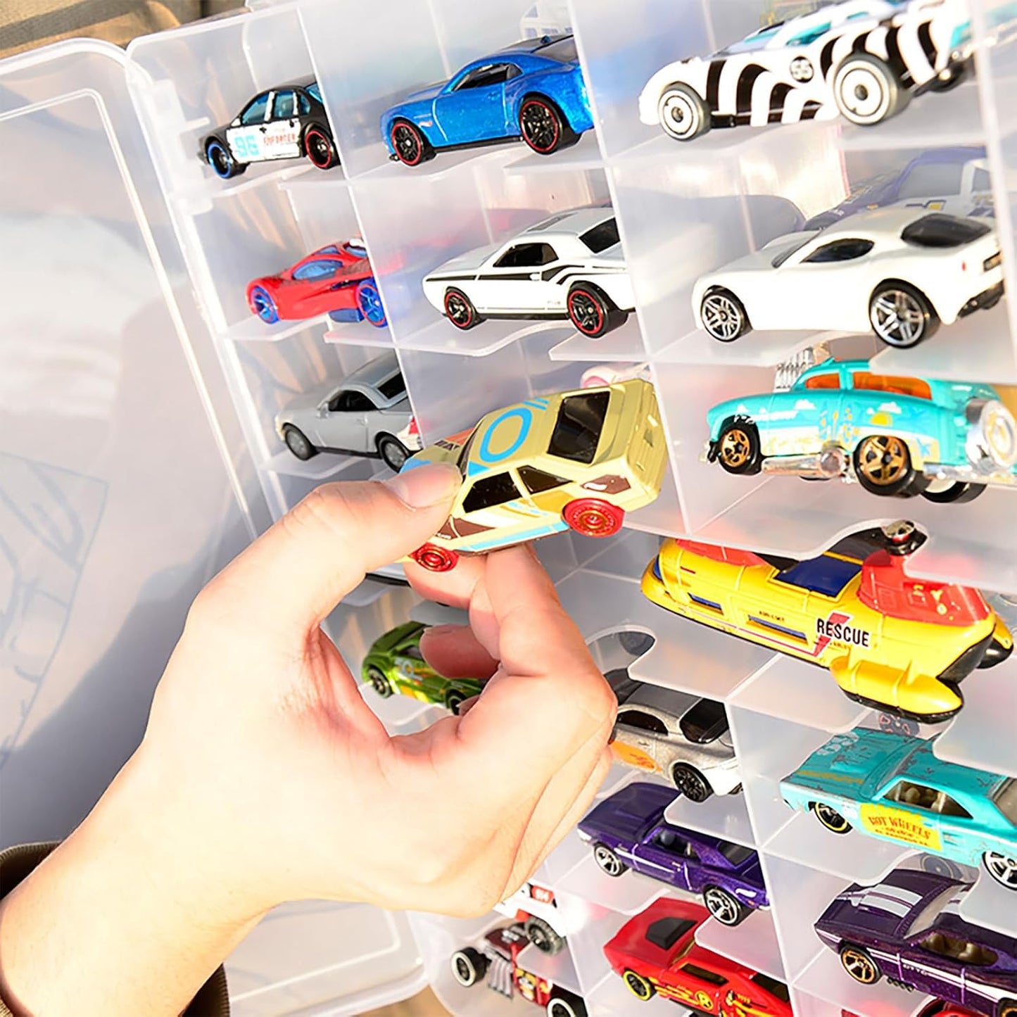 Portable Transparent Double Sided Storage Case - 48 Compartments for Toy Cars, Matchbox Cars, 1:64 Scale Model Cars, with Handle (Case Only)