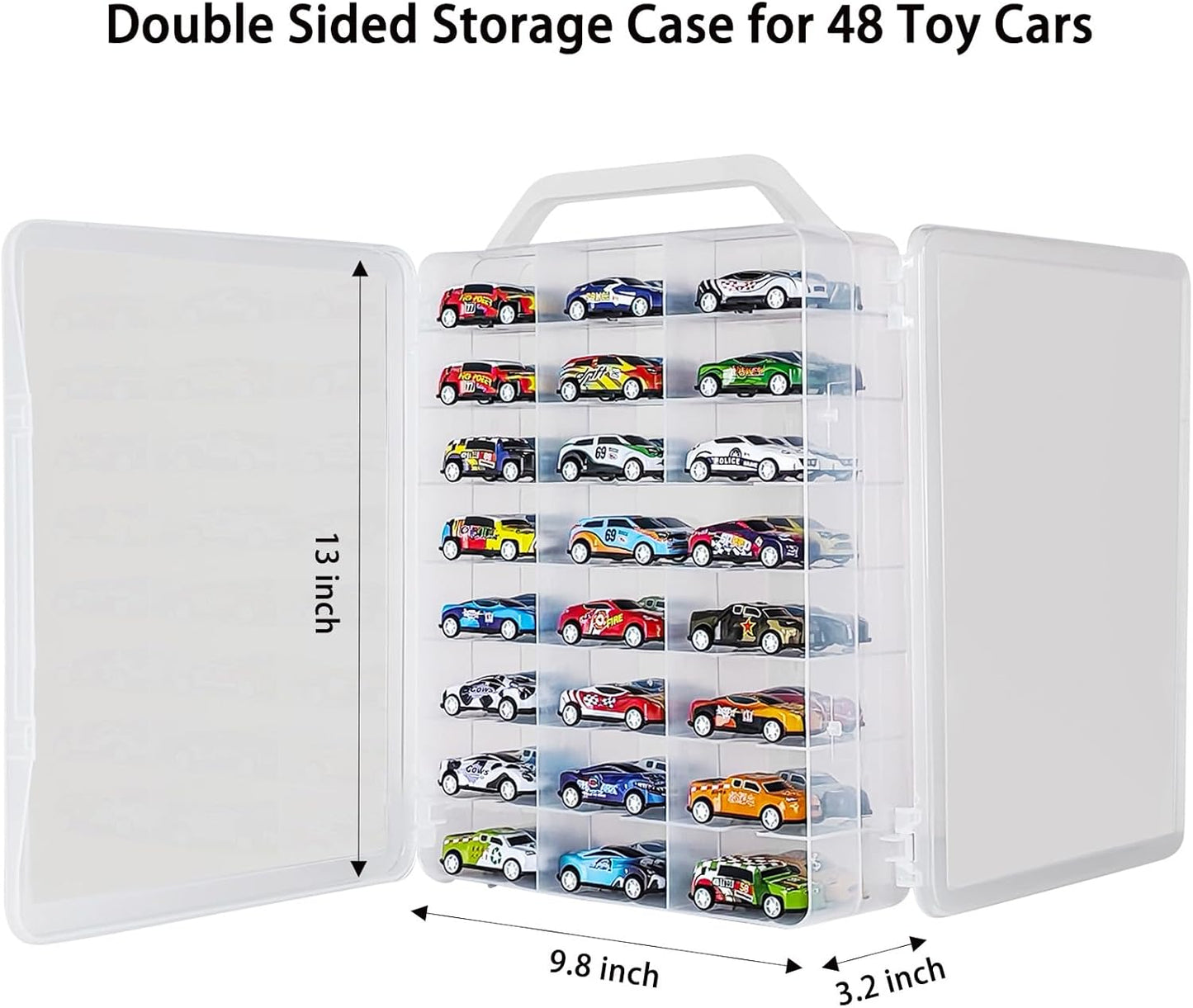 Portable Transparent Double Sided Storage Case - 48 Compartments for Toy Cars, Matchbox Cars, 1:64 Scale Model Cars, with Handle (Case Only)