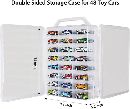 Portable Transparent Double Sided Storage Case - 48 Compartments for Toy Cars, Matchbox Cars, 1:64 Scale Model Cars, with Handle (Case Only)