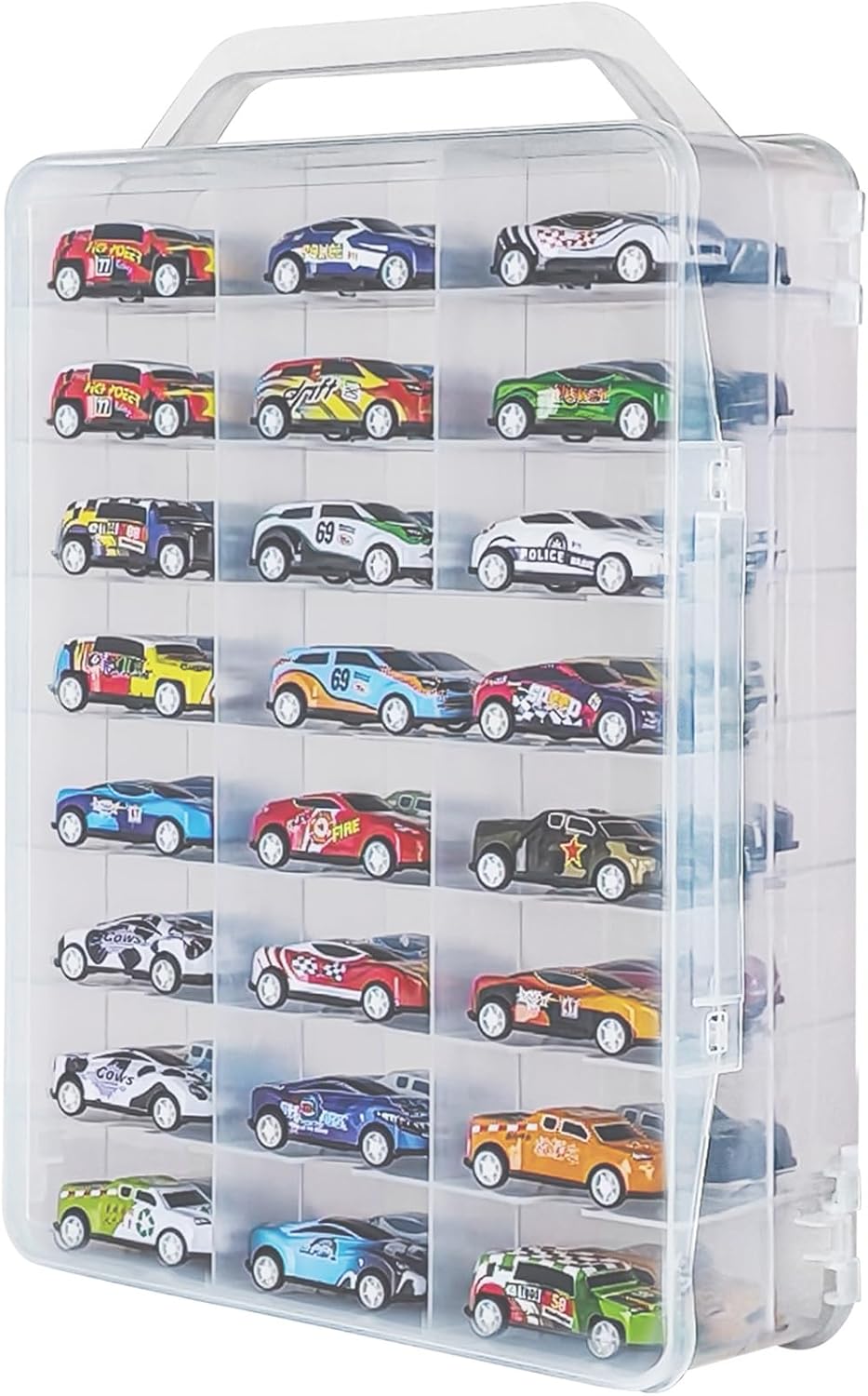 Portable Transparent Double Sided Storage Case - 48 Compartments for Toy Cars, Matchbox Cars, 1:64 Scale Model Cars, with Handle (Case Only)