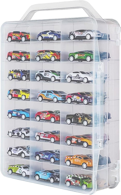 Portable Transparent Double Sided Storage Case - 48 Compartments for Toy Cars, Matchbox Cars, 1:64 Scale Model Cars, with Handle (Case Only)
