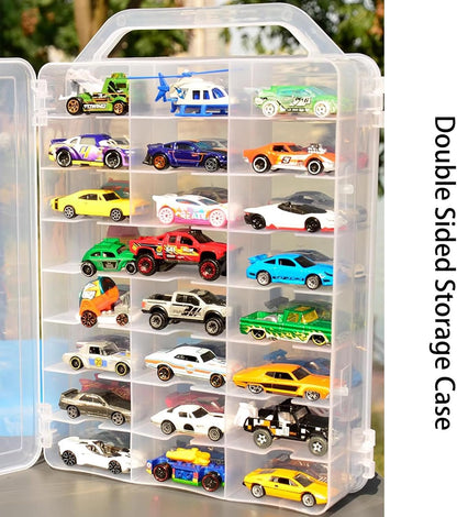 Portable Transparent Double Sided Storage Case - 48 Compartments for Toy Cars, Matchbox Cars, 1:64 Scale Model Cars, with Handle (Case Only)