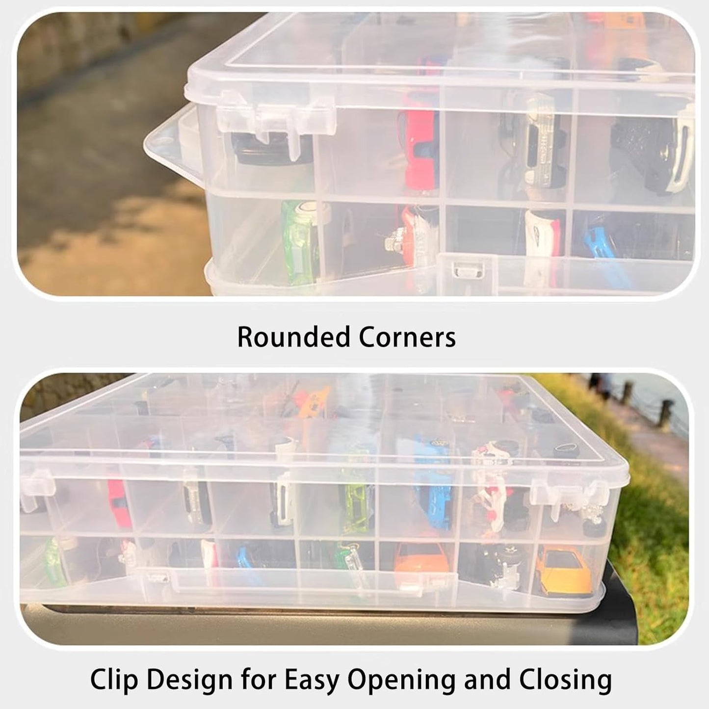 Portable Transparent Double Sided Storage Case - 48 Compartments for Toy Cars, Matchbox Cars, 1:64 Scale Model Cars, with Handle (Case Only)